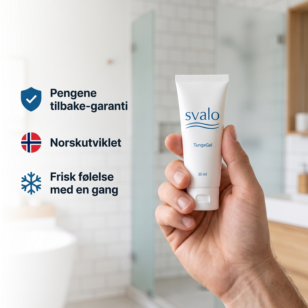 Svalo TungeGel i haanden med garanti, norskutviklet og frisk foelelse